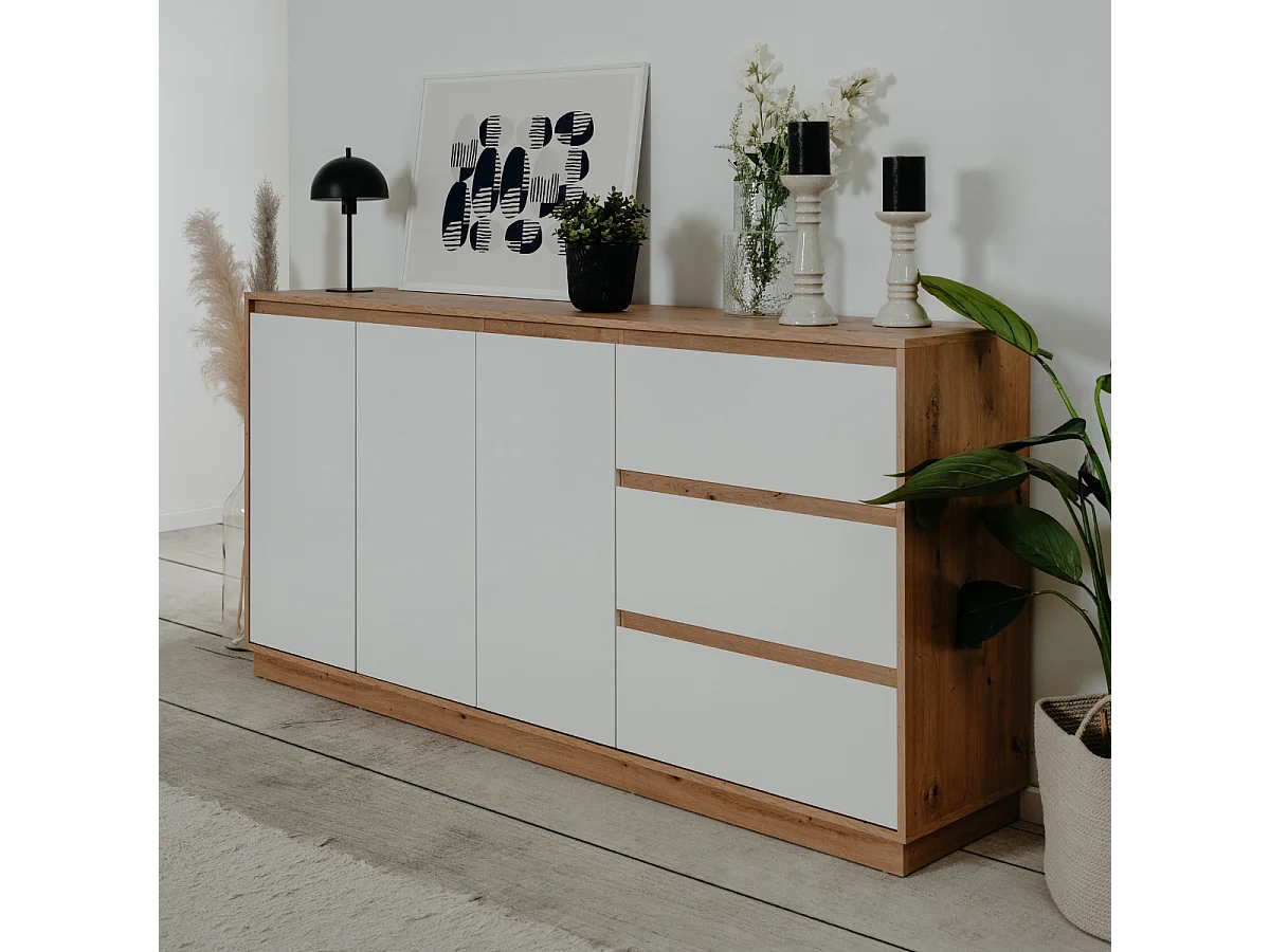 Credenza con 3 ante e 3 cassetti, finitura bianco lucido e rovere artisan, 178 cm - PHOENIX