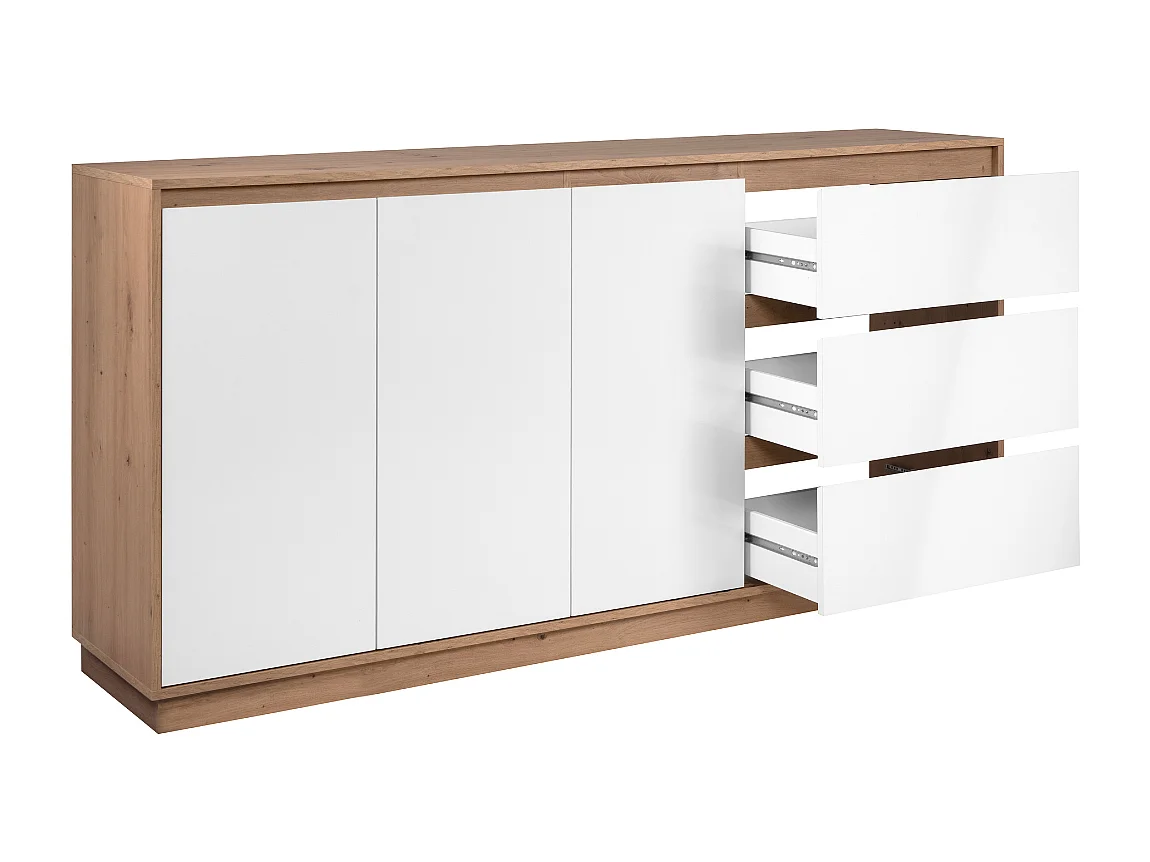 Credenza con 3 ante e 3 cassetti, finitura bianco lucido e rovere artisan, 178 cm - PHOENIX