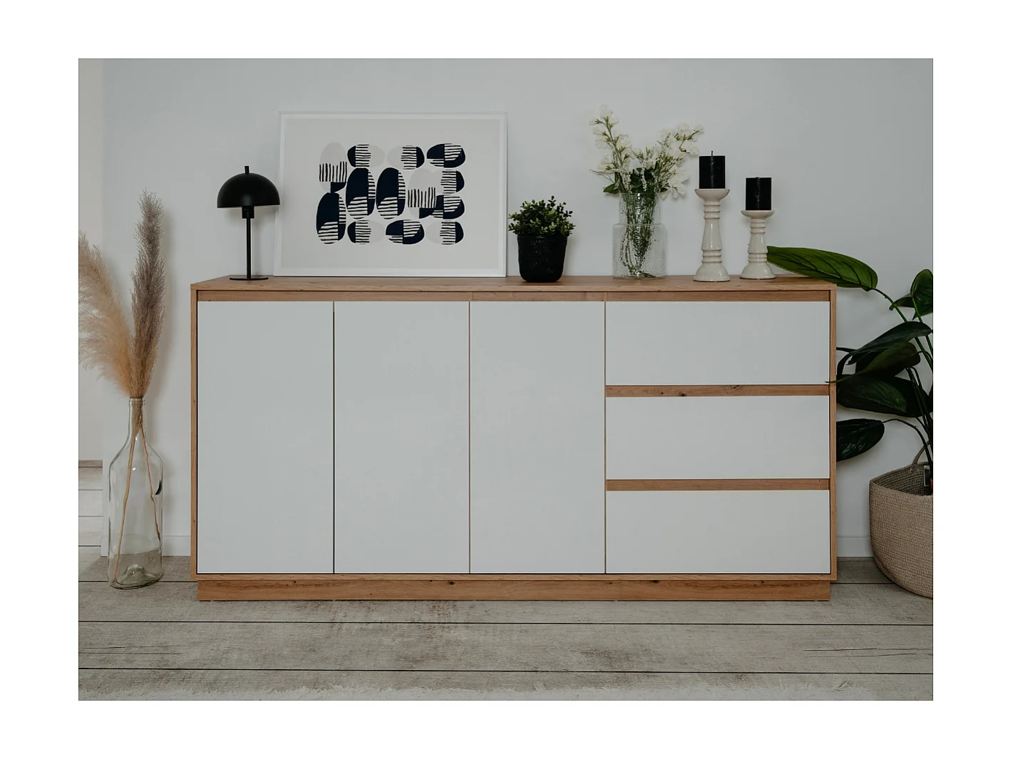 Credenza con 3 ante e 3 cassetti, finitura bianco lucido e rovere artisan, 178 cm - PHOENIX