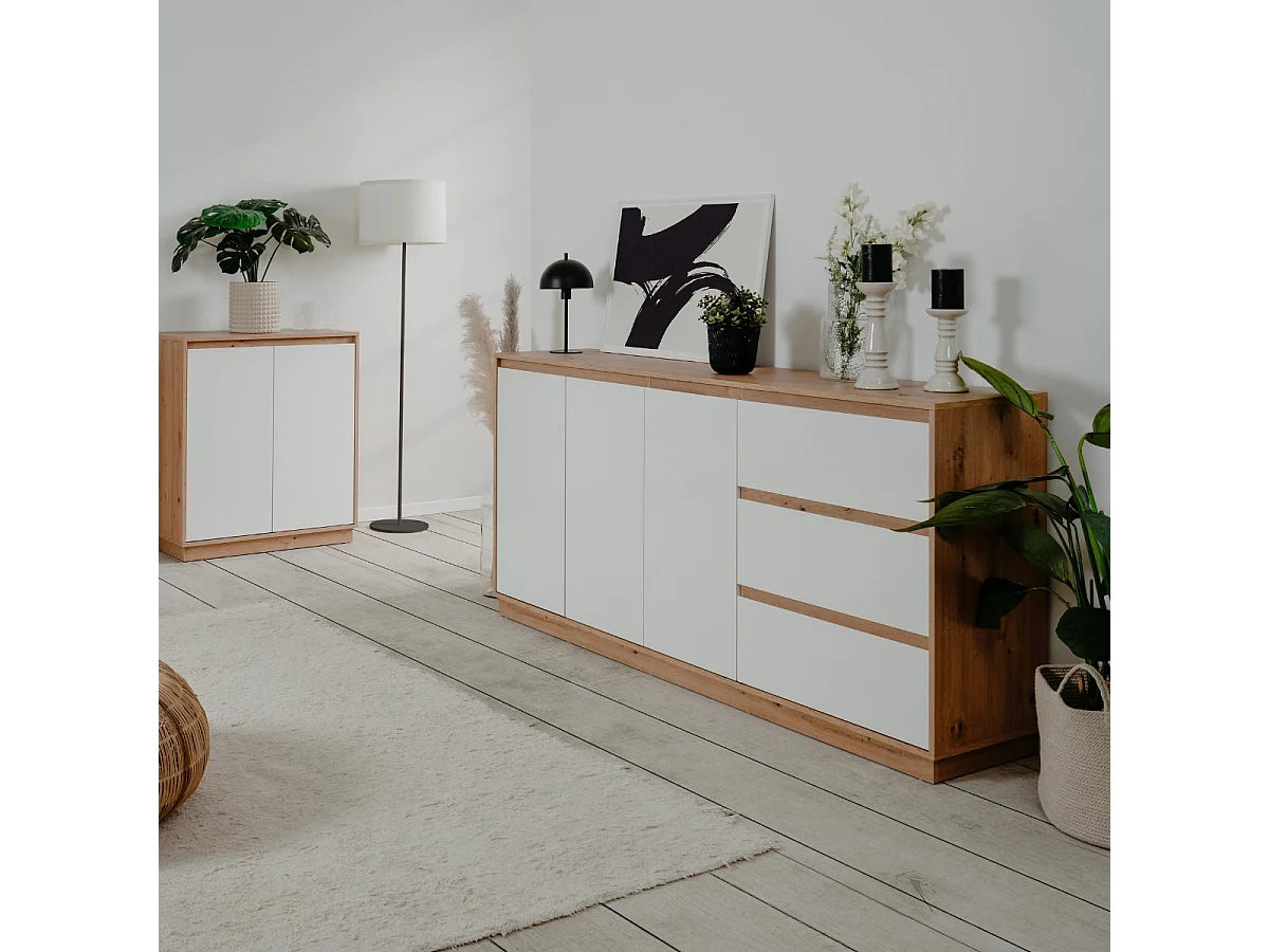 Credenza con 3 ante e 3 cassetti, finitura bianco lucido e rovere artisan, 178 cm - PHOENIX
