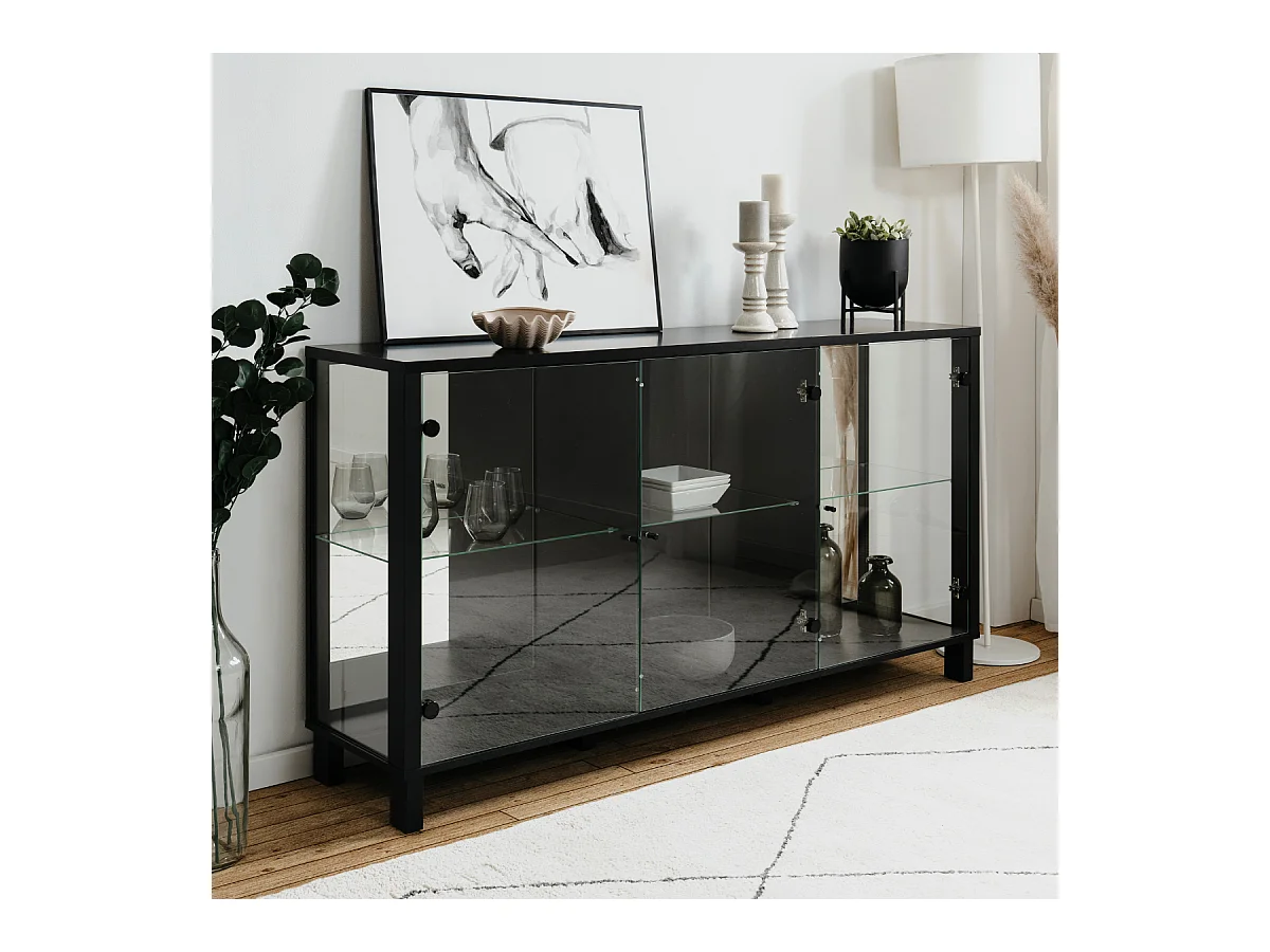 Dressoir met 15 mm kastdikte, glazen zijkanten, spiegel achterwand, 10 cm bekleed MDF, metalen knop– ALBI