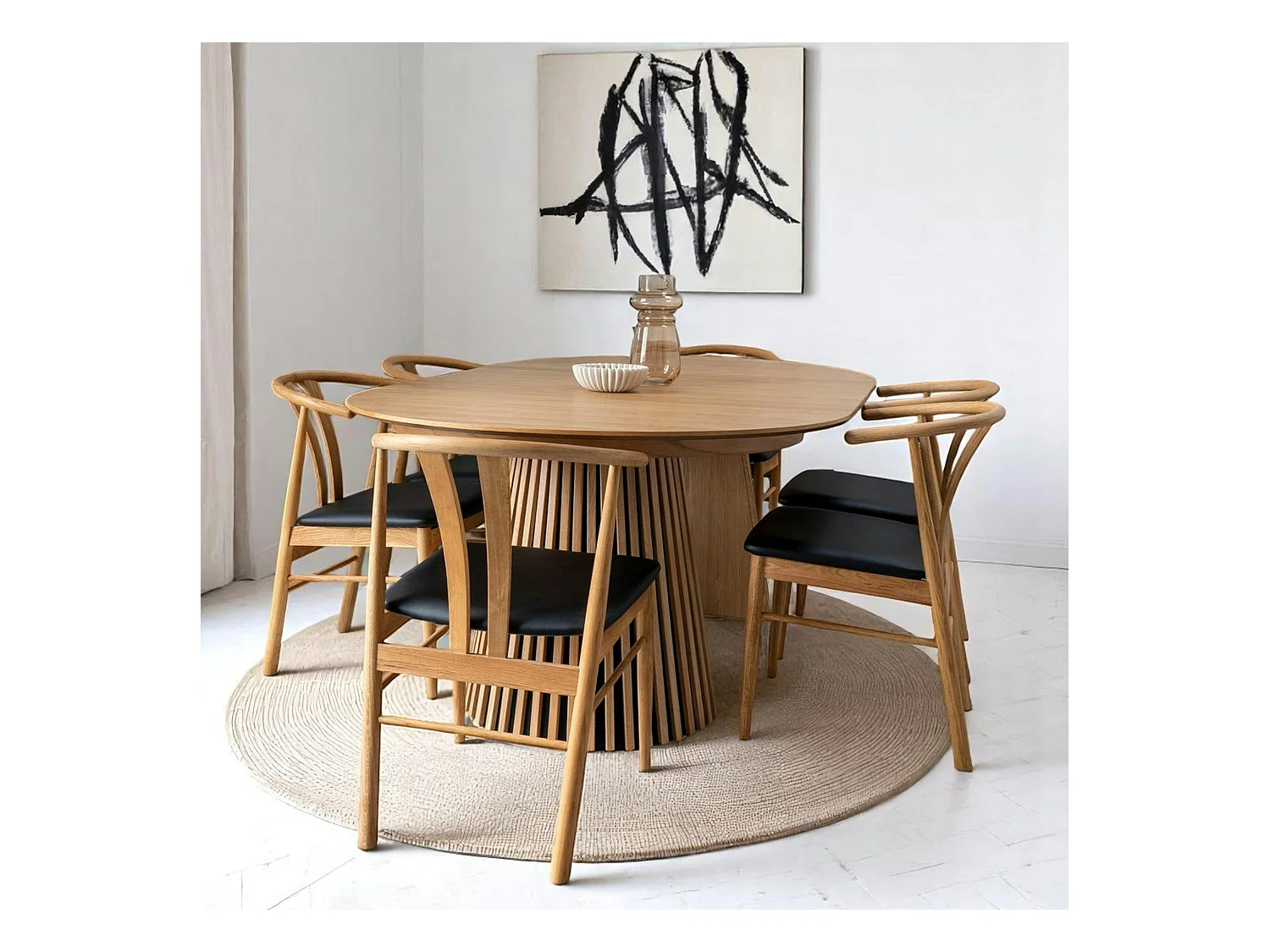 Table ronde extensible en chêne clair avec piètement baguette (2 rallonges incluses) ø120 cm / 160 cm / 200 cm AMSTERDAM