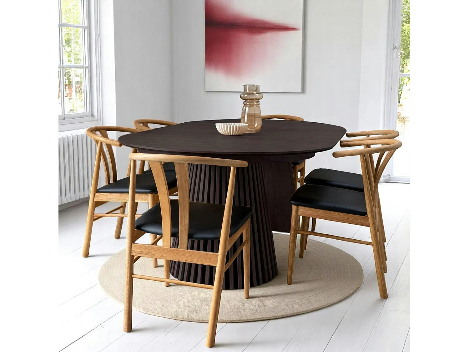 Table ronde extensible en chêne noir avec piètement baguette (3 rallonges incluses) ø120 cm /160 cm / 200 cm / 240 cm AMSTERDAM