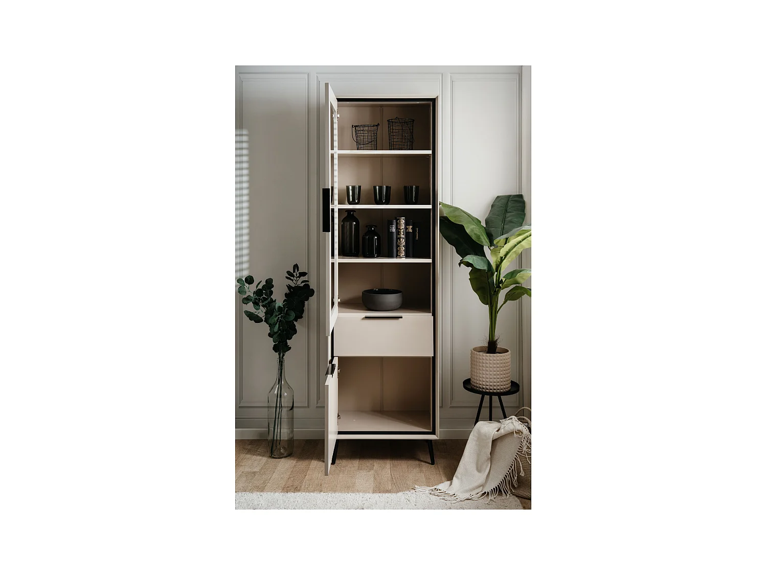 Hohes Sideboard mit 1 Glastür, 1 Tür und 1 Schublade, Cappuccino und Schwarz, 60 cm – ARONA