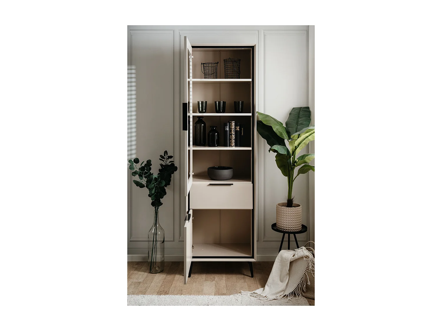 Buffet haut 1 porte vitrée, 1 porte et 1 tiroir cappucino et noir L60cm - ARONA