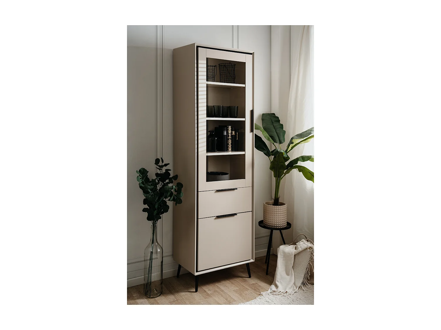 Buffet haut 1 porte vitrée, 1 porte et 1 tiroir cappucino et noir L60cm - ARONA