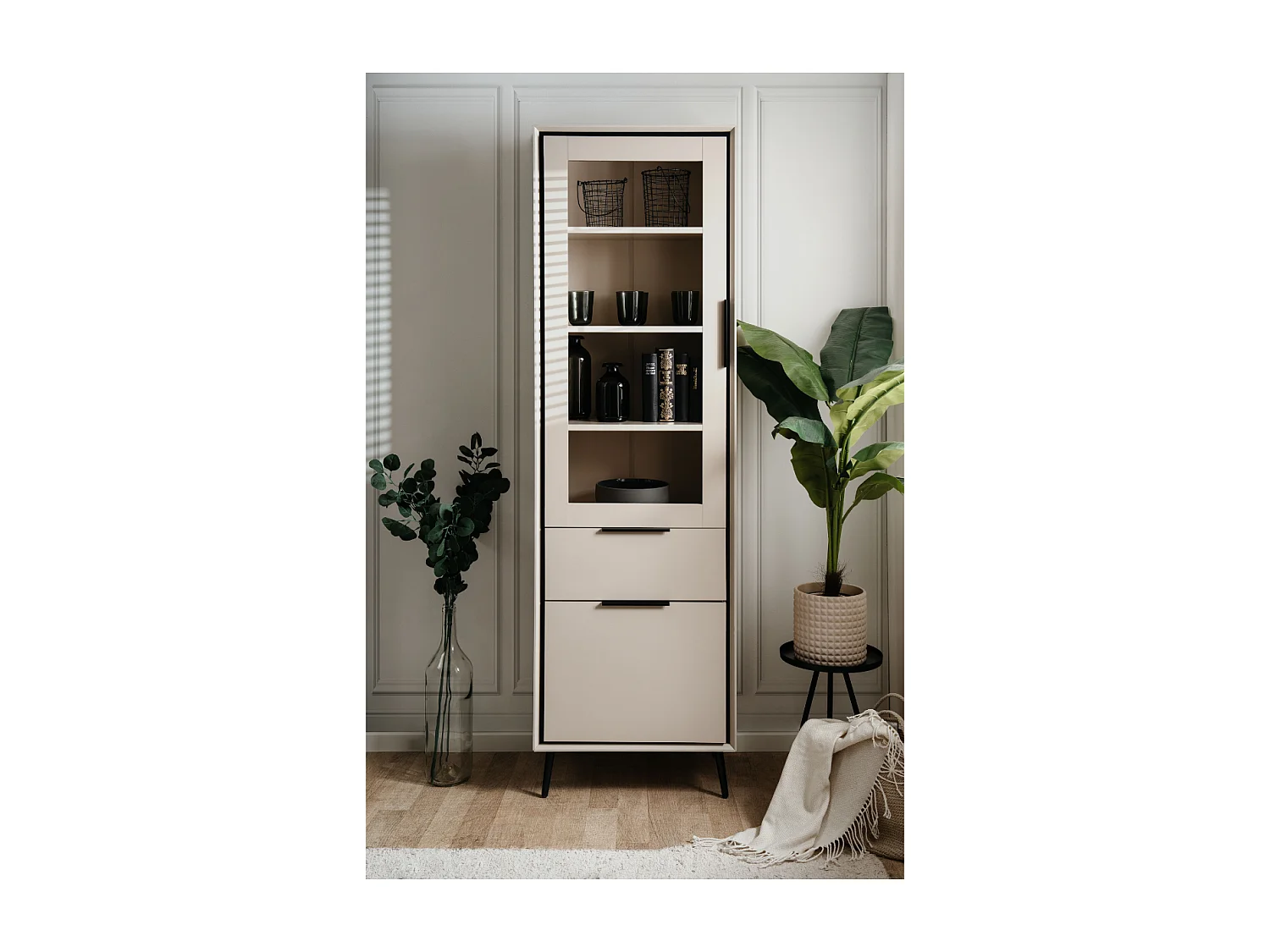 Buffet haut 1 porte vitrée, 1 porte et 1 tiroir cappucino et noir L60cm - ARONA