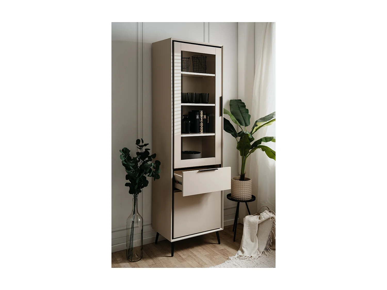 Buffet haut 1 porte vitrée, 1 porte et 1 tiroir cappucino et noir L60cm - ARONA