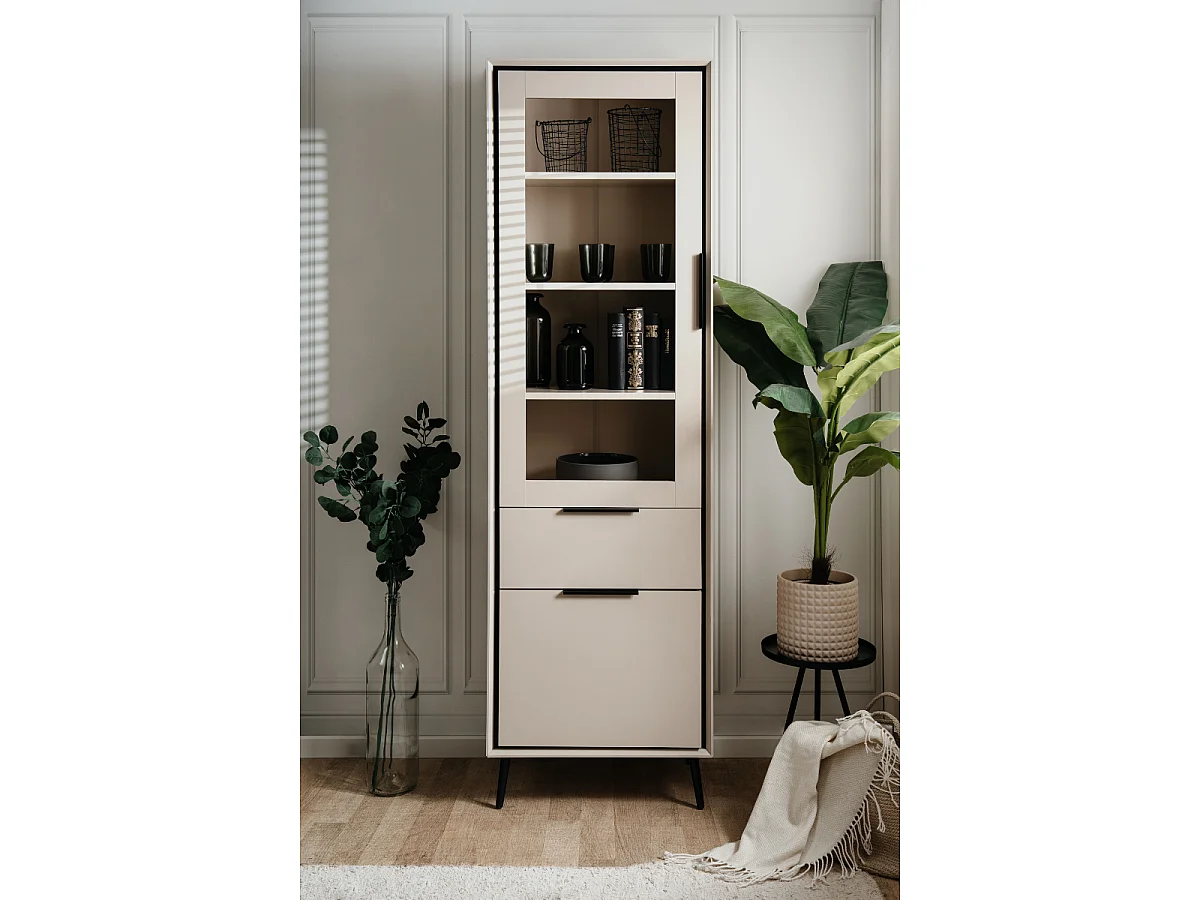 Szafka wysoka z 1 szklanymi drzwiami, 1 drzwiami i 1 szufladą w kolorze cappucino i czarnym L60cm - ARONA