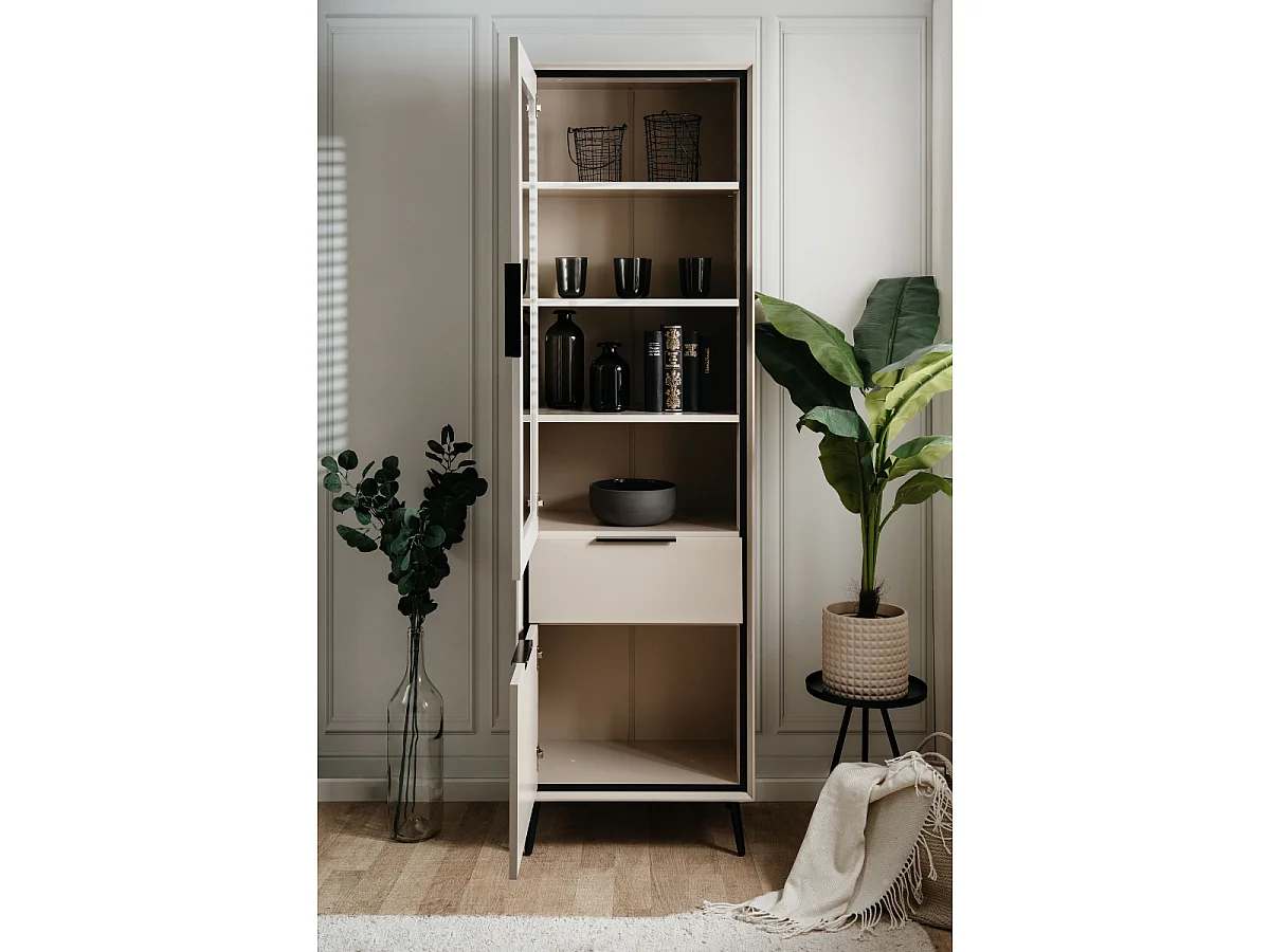 Szafka wysoka z 1 szklanymi drzwiami, 1 drzwiami i 1 szufladą w kolorze cappucino i czarnym L60cm - ARONA