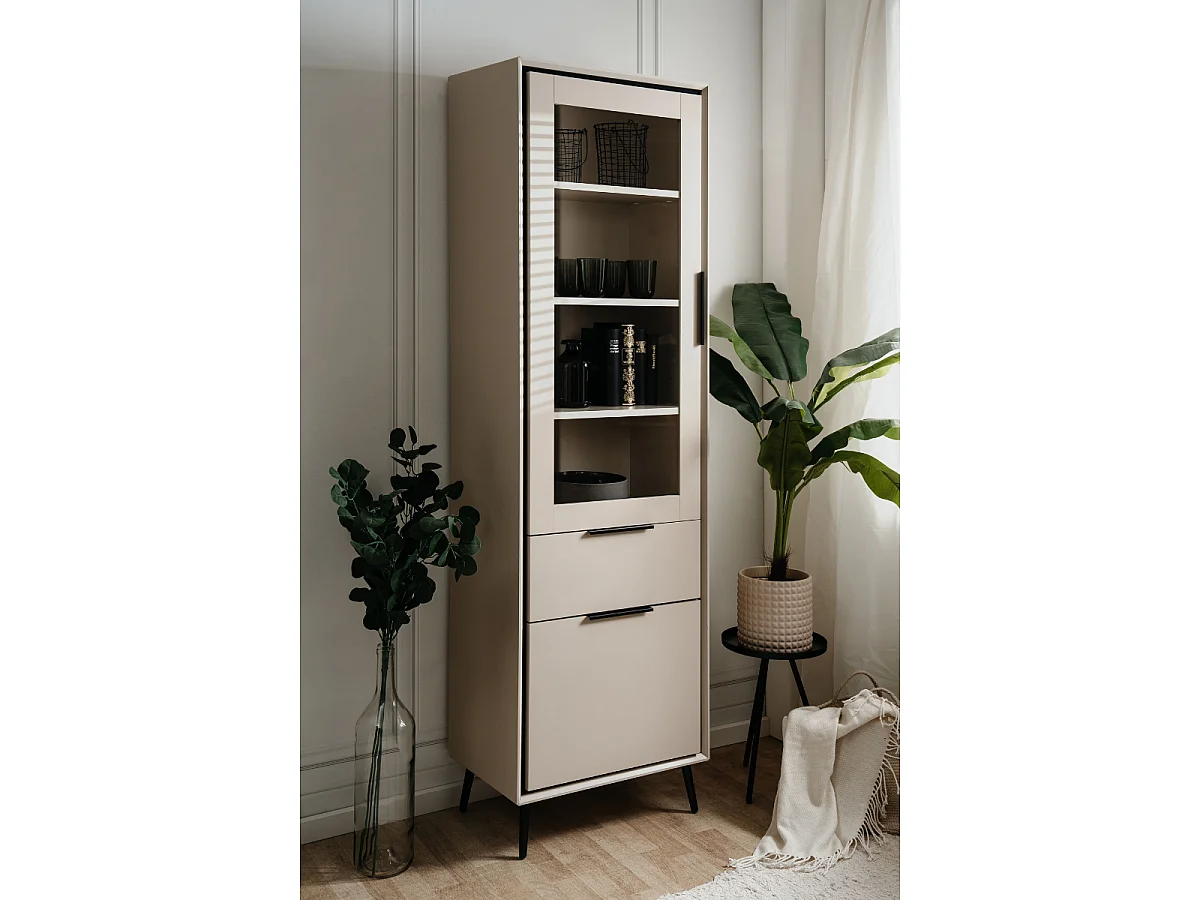 Szafka wysoka z 1 szklanymi drzwiami, 1 drzwiami i 1 szufladą w kolorze cappucino i czarnym L60cm - ARONA