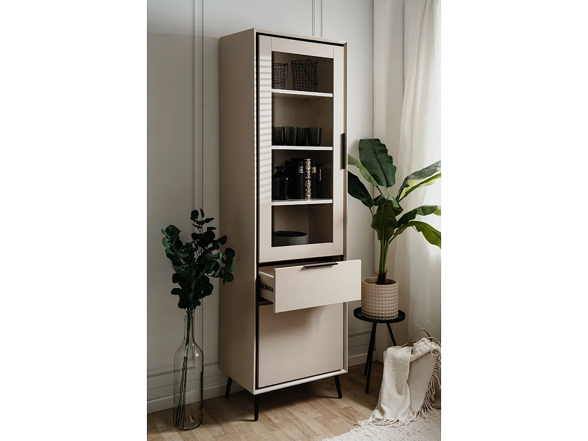 Szafka wysoka z 1 szklanymi drzwiami, 1 drzwiami i 1 szufladą w kolorze cappucino i czarnym L60cm - ARONA