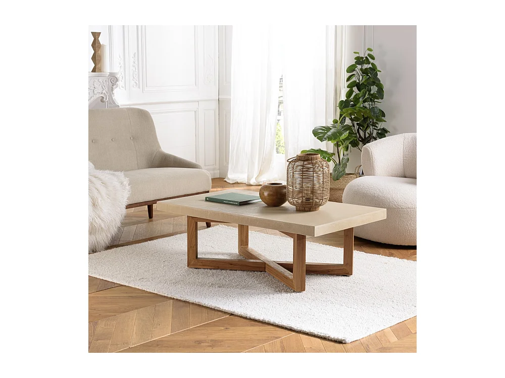 DAK - Table basse rect. 120x70cm en béton et bois de teck beige