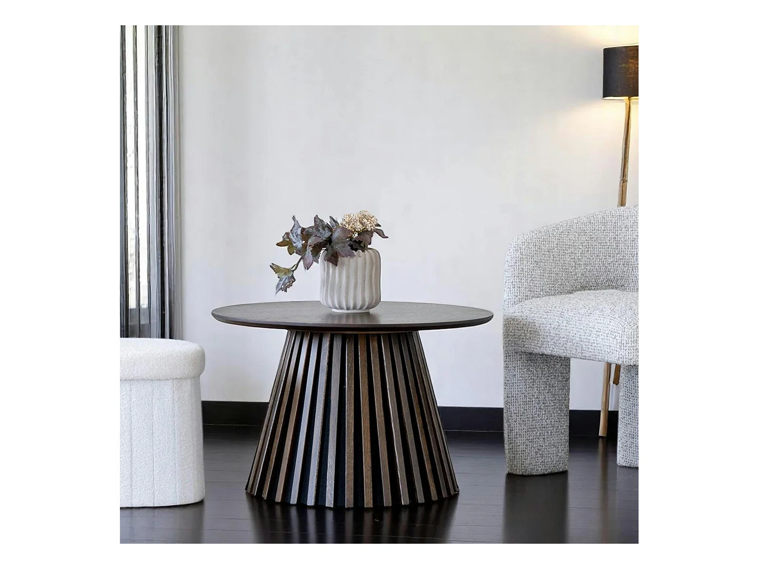 Table basse ronde en chêne brun avec piètement baguette ø70 cm AMSTERDAM