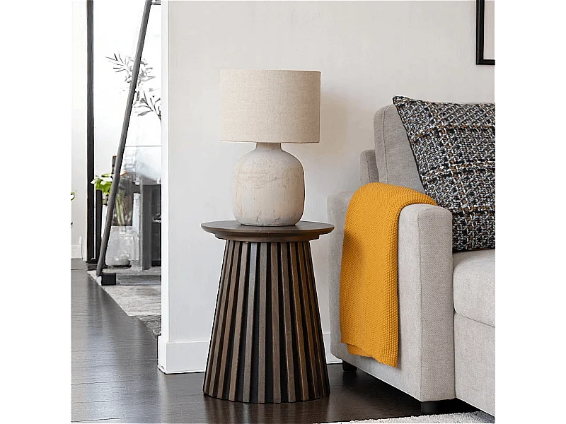 Bout de canapé rond en chêne brun avec piètement baguette ø40 cm AMSTERDAM