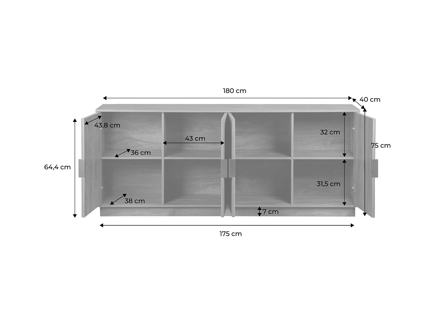Buffet exotique 4 portes. décor bois de manguier rainuré. buffet bas. poignées en métal doré. L 180 x P 40 x H 75cm