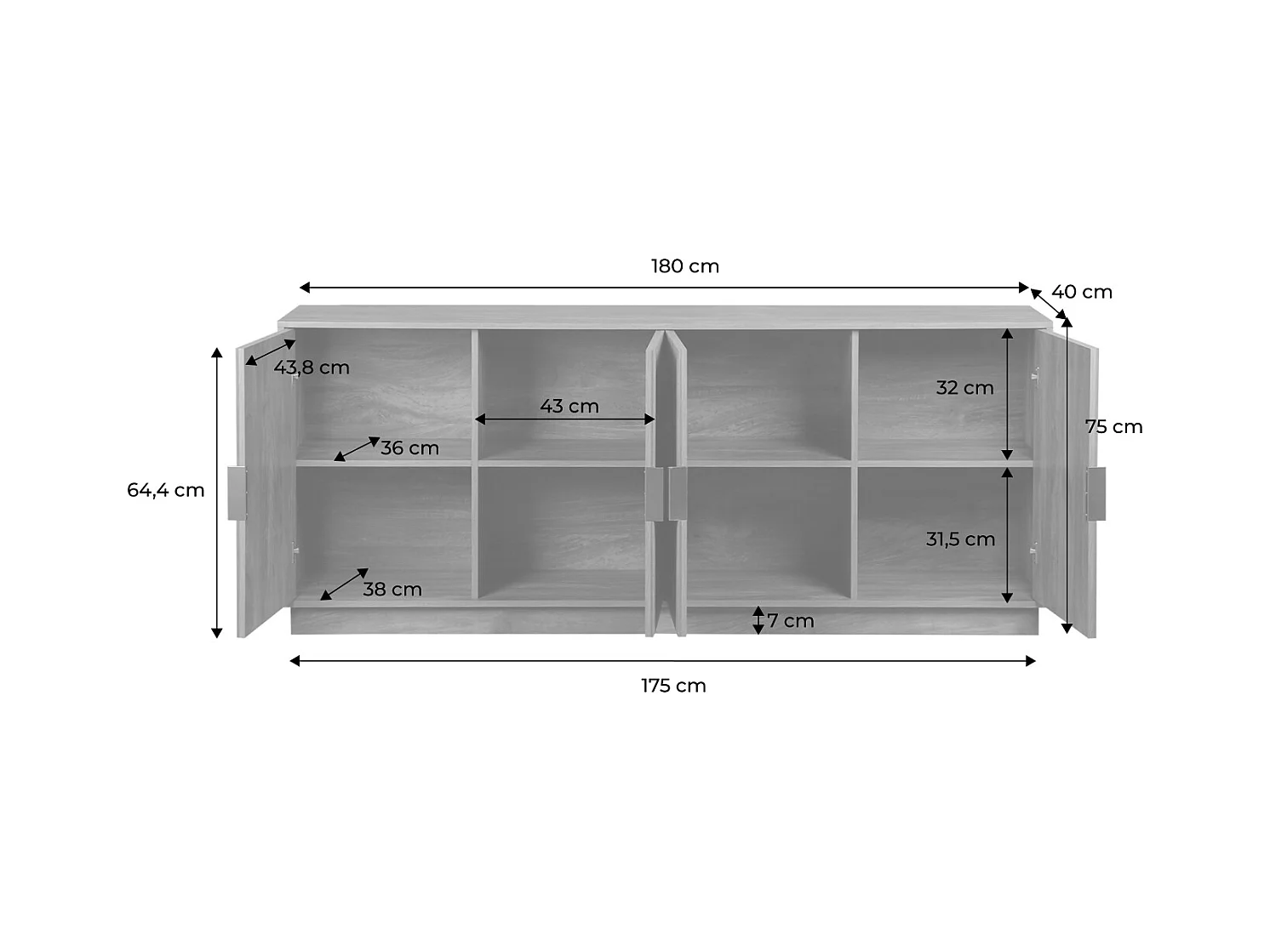 Buffet exotique 4 portes. décor bois de manguier rainuré. buffet bas. poignées en métal doré. L 180 x P 40 x H 75cm