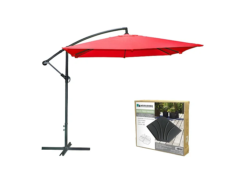 Pack guarda-sol vermelho deslocado + base de concreto – Elegância, sombra XXL e estabilidade garantida