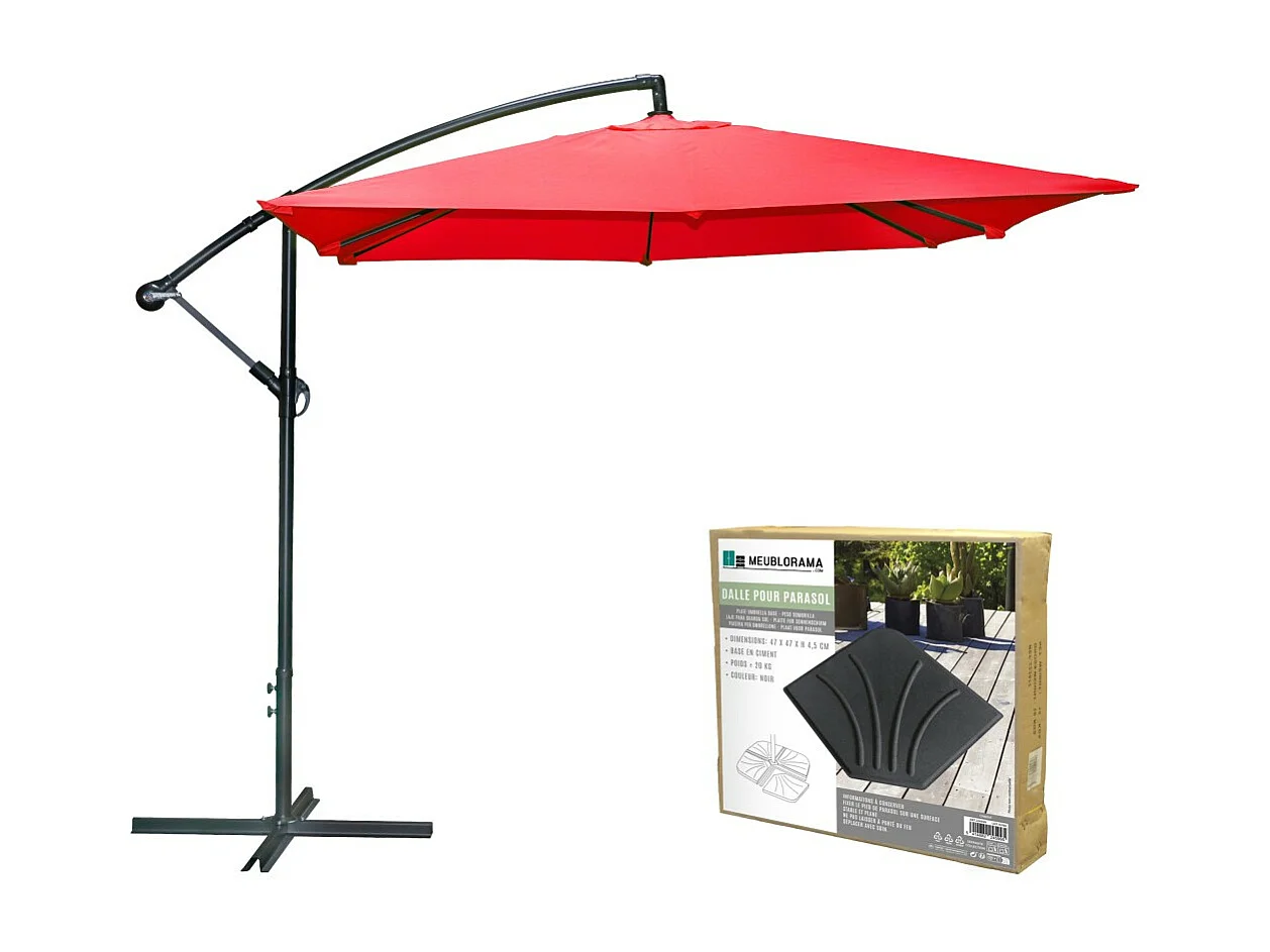 Pack guarda-sol vermelho deslocado + base de concreto – Elegância, sombra XXL e estabilidade garantida