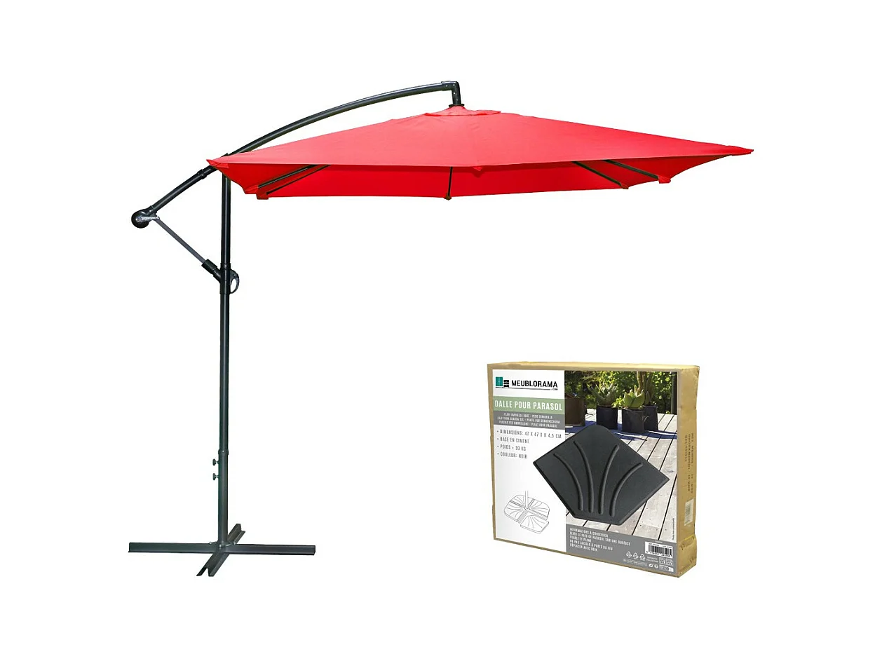 Pack sombrilla lateral roja + losa de hormigón - Elegancia, sombra XXL y estabilidad asegurada