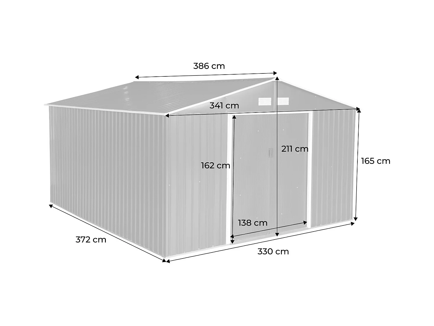 Abri de jardin en métal - Slack - 12.99 m² anthracite - Deux portes coulissantes. kit de fixation sol inclus. L 341 x 386 x 211cm