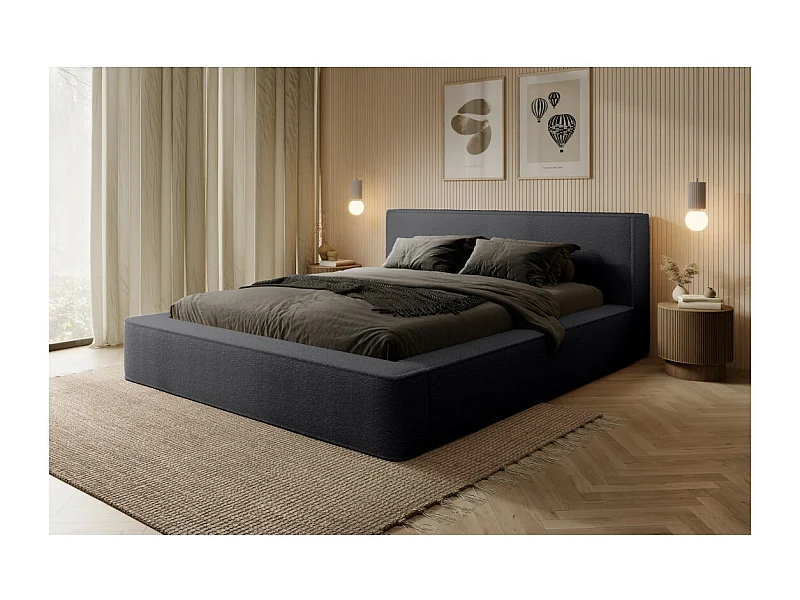 Cama con arcón DENALI - Antracita profundo rizado - 140x200 cm - Tela de terciopelo suave - Somier elevable - Almacenamiento integrado