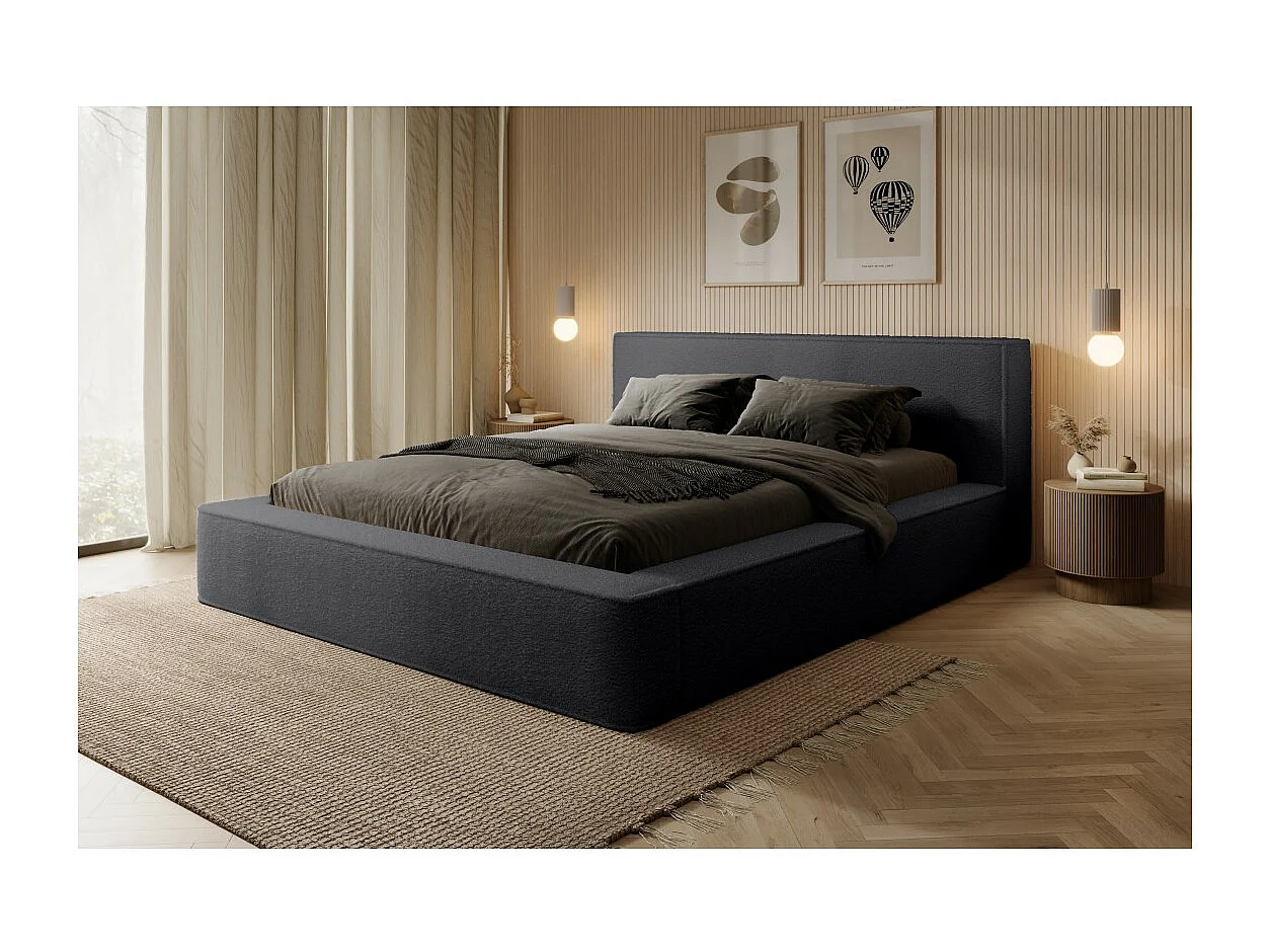 Lit coffre DENALI – Antracite profundo bouclé – 140x200 cm – Tecido veludo macio – Estrado elevatório – Armazenamento integrado