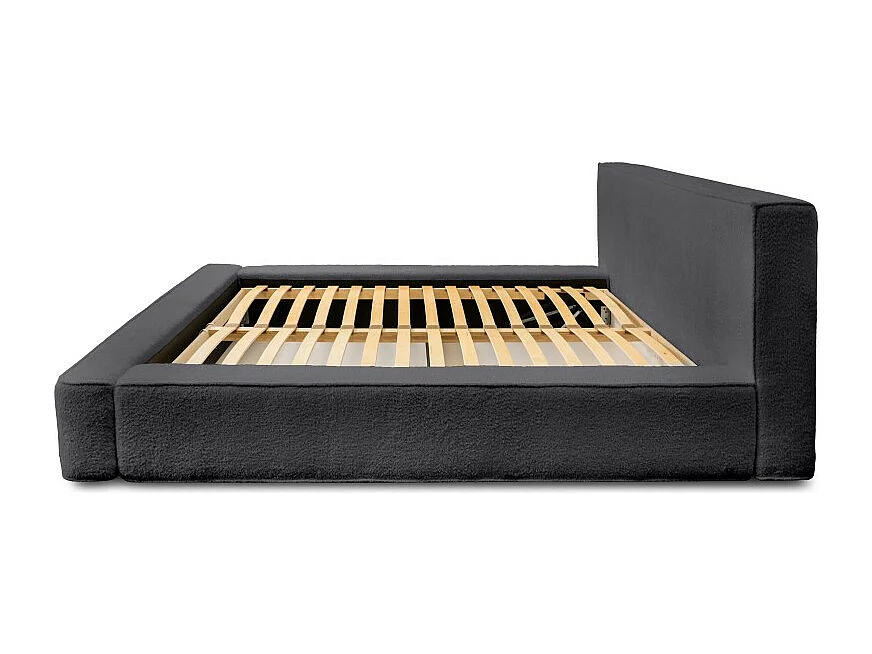Lit coffre DENALI – Antracite profundo bouclé – 140x200 cm – Tecido veludo macio – Estrado elevatório – Armazenamento integrado