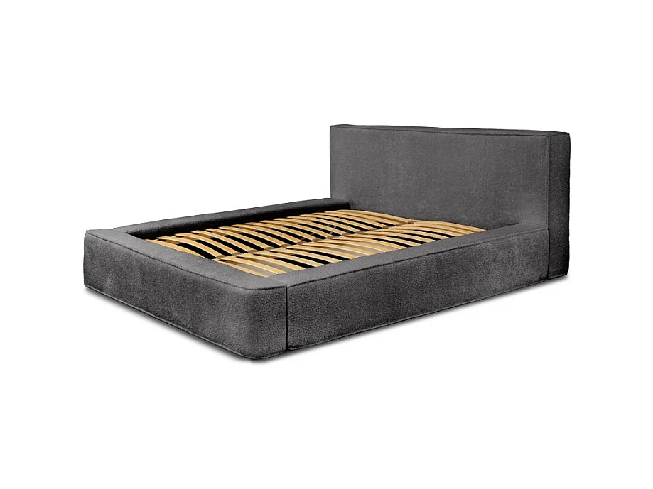 Lit coffre DENALI – Gris ceniza rizado – 140x200 cm – Tela terciopelo suave – Somier elevable – Almacenamiento integrado