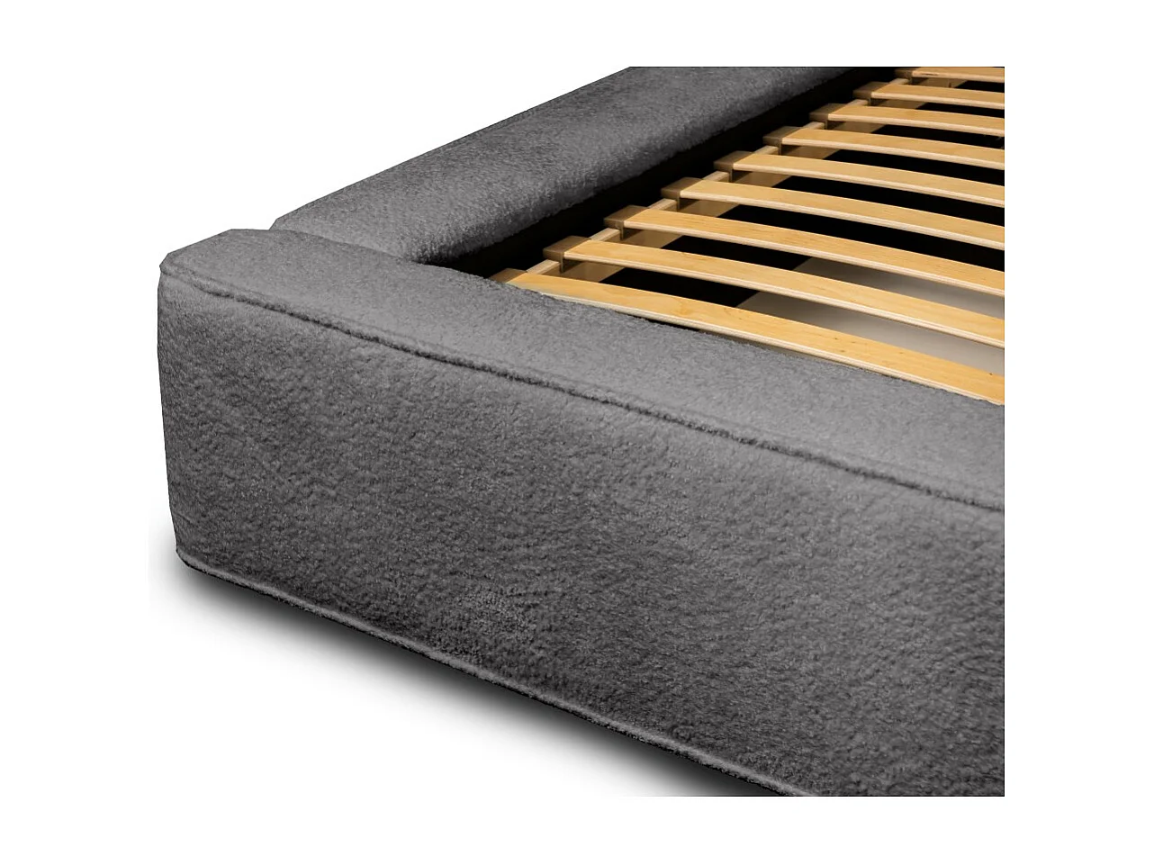 Lit coffre DENALI – Gris ceniza rizado – 140x200 cm – Tela terciopelo suave – Somier elevable – Almacenamiento integrado