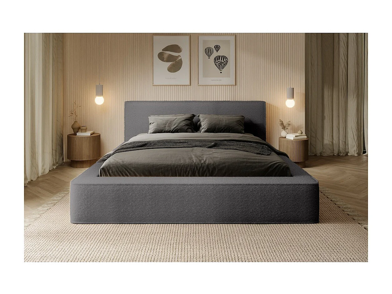 Lit coffre DENALI – Gris ceniza rizado – 140x200 cm – Tela terciopelo suave – Somier elevable – Almacenamiento integrado
