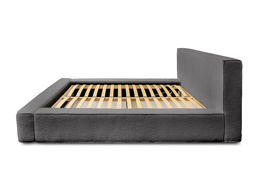 Lit coffre DENALI – Gris ceniza rizado – 140x200 cm – Tela terciopelo suave – Somier elevable – Almacenamiento integrado