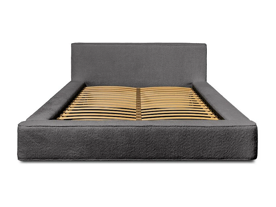 Lit coffre DENALI – Gris ceniza rizado – 140x200 cm – Tela terciopelo suave – Somier elevable – Almacenamiento integrado