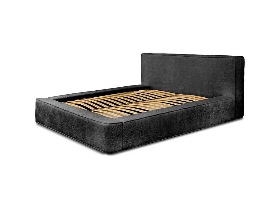 Lit coffre DENALI – Antracita profundo bouclé – 160x200 cm – Tela terciopelo suave – Somier elevable – Almacenamiento integrado