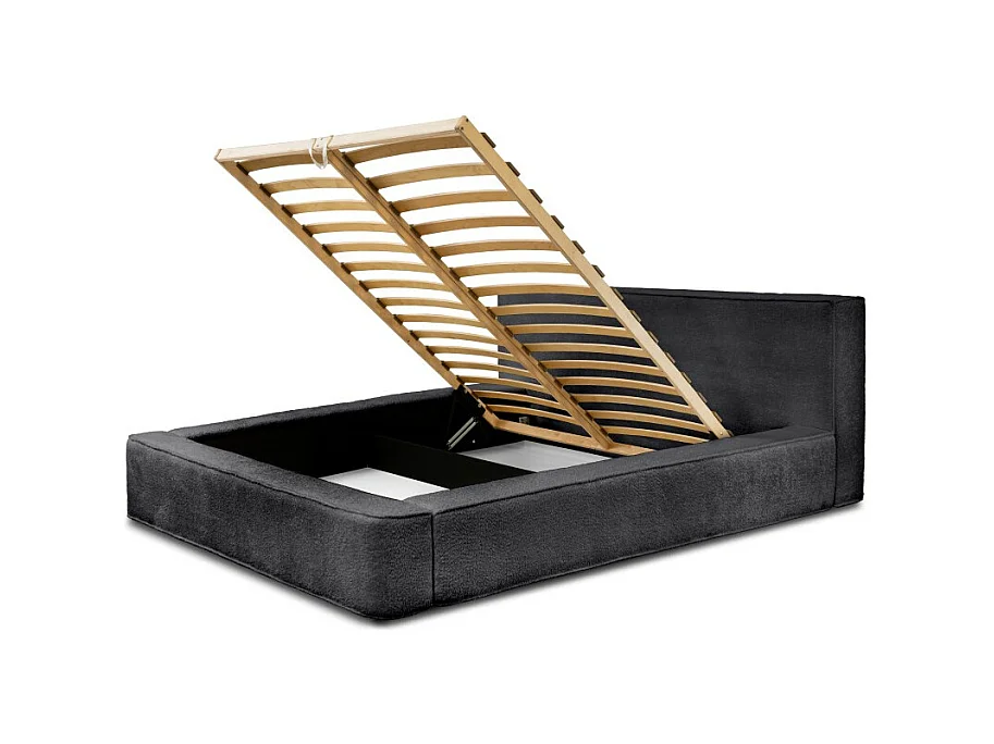 Lit coffre DENALI – Antracita profundo bouclé – 160x200 cm – Tela terciopelo suave – Somier elevable – Almacenamiento integrado