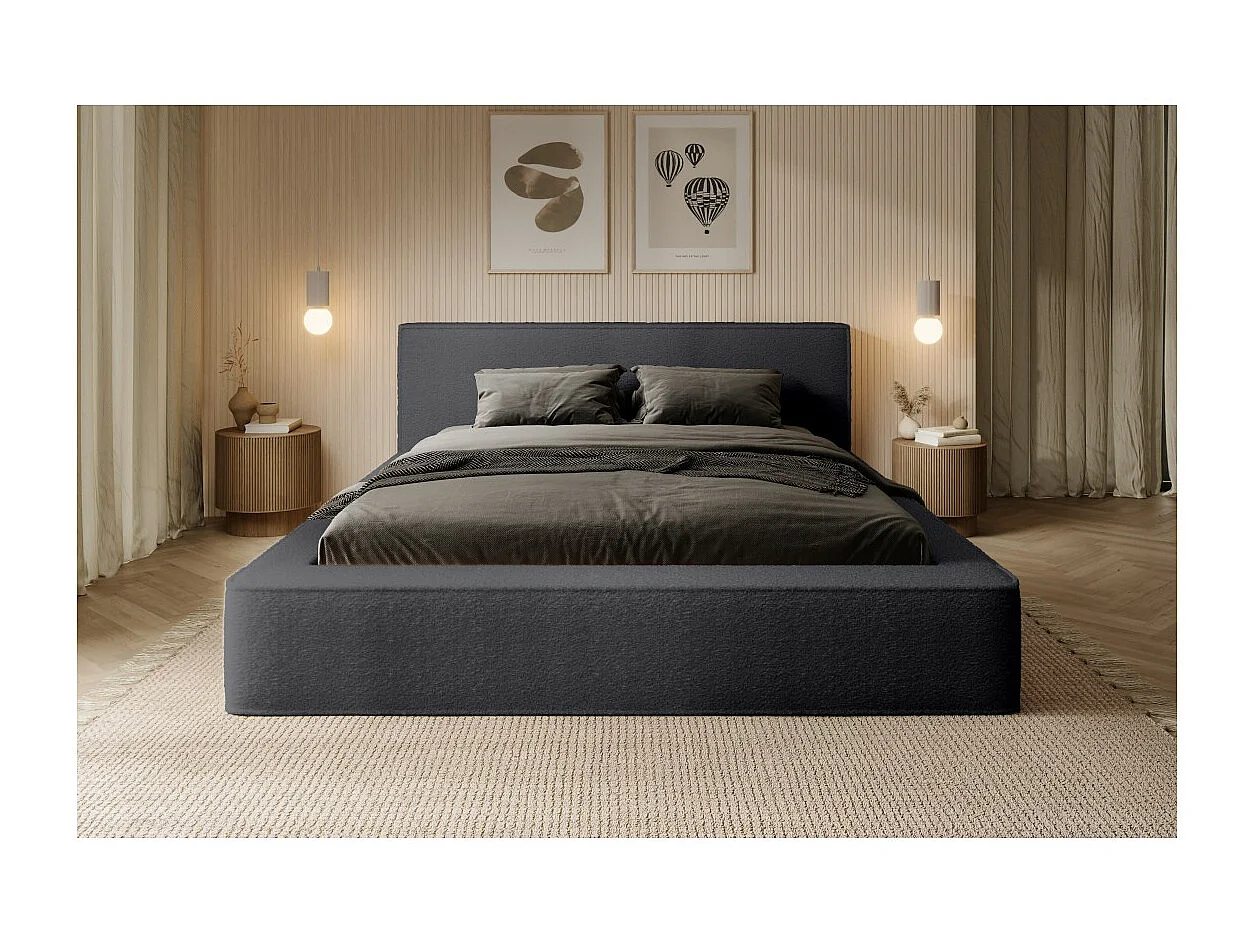 Lit coffre DENALI – Antracita profundo bouclé – 160x200 cm – Tela terciopelo suave – Somier elevable – Almacenamiento integrado