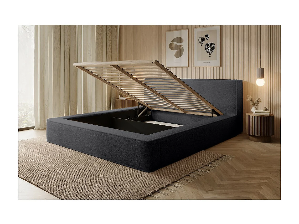 Lit coffre DENALI – Antracite profundo bouclé – 160x200 cm – Tecido de veludo macio – Estrado elevatório – Armazenamento integrado