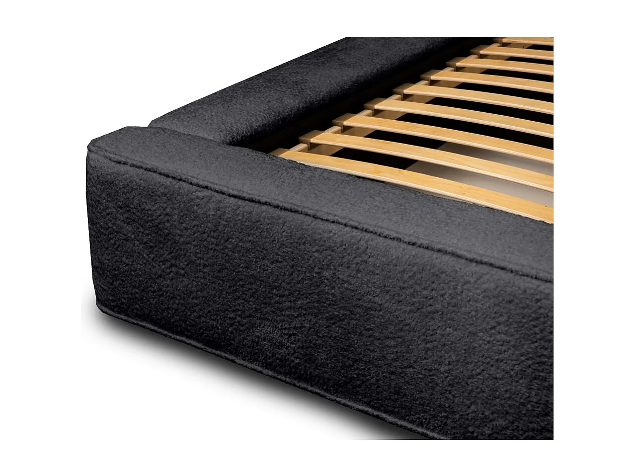 Lit coffre DENALI – Antracite profundo bouclé – 160x200 cm – Tecido de veludo macio – Estrado elevatório – Armazenamento integrado