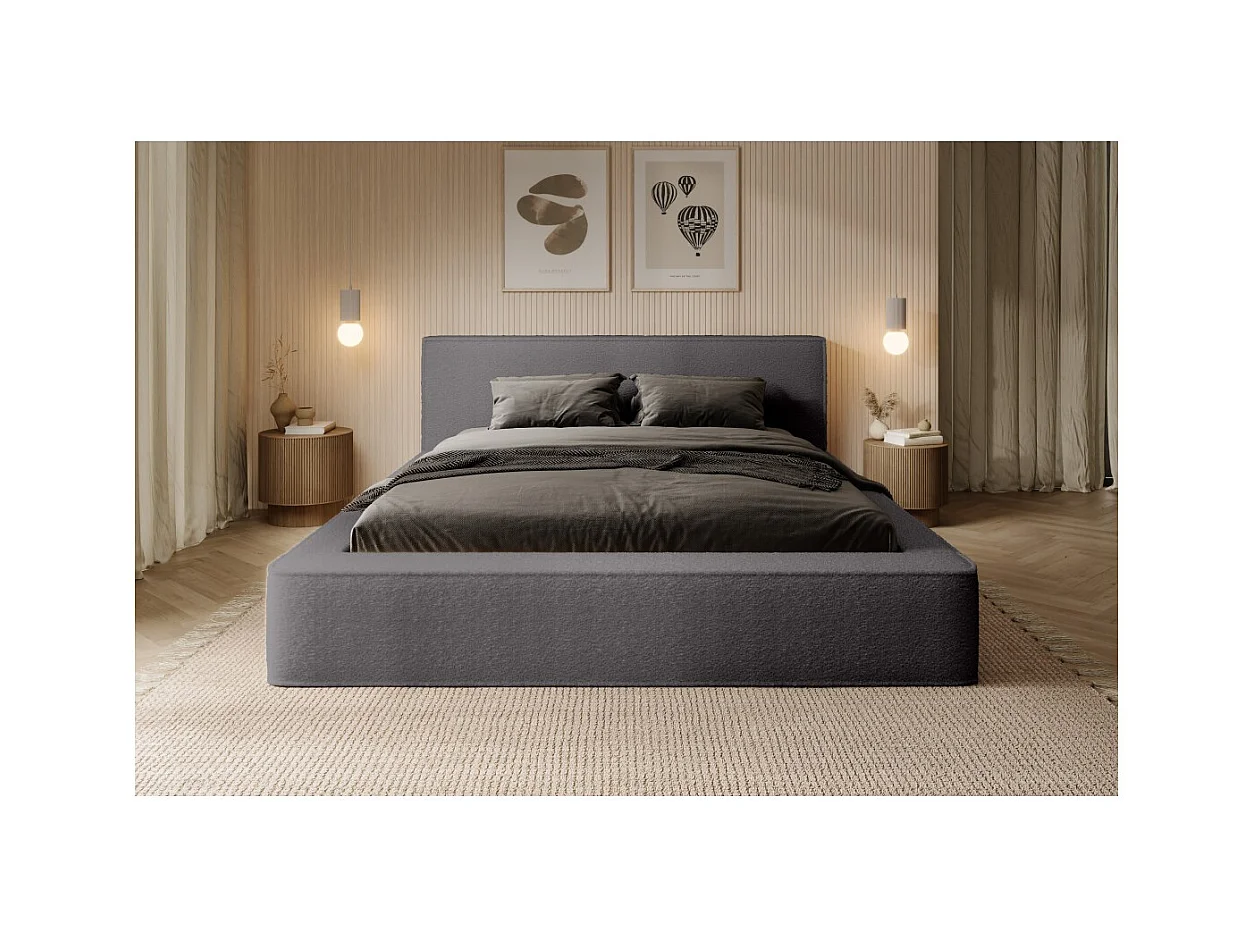 Lit coffre DENALI – Gris ceniza bucleado – 160x200 cm – Tela terciopelo suave – Somier elevable – Almacenamiento integrado
