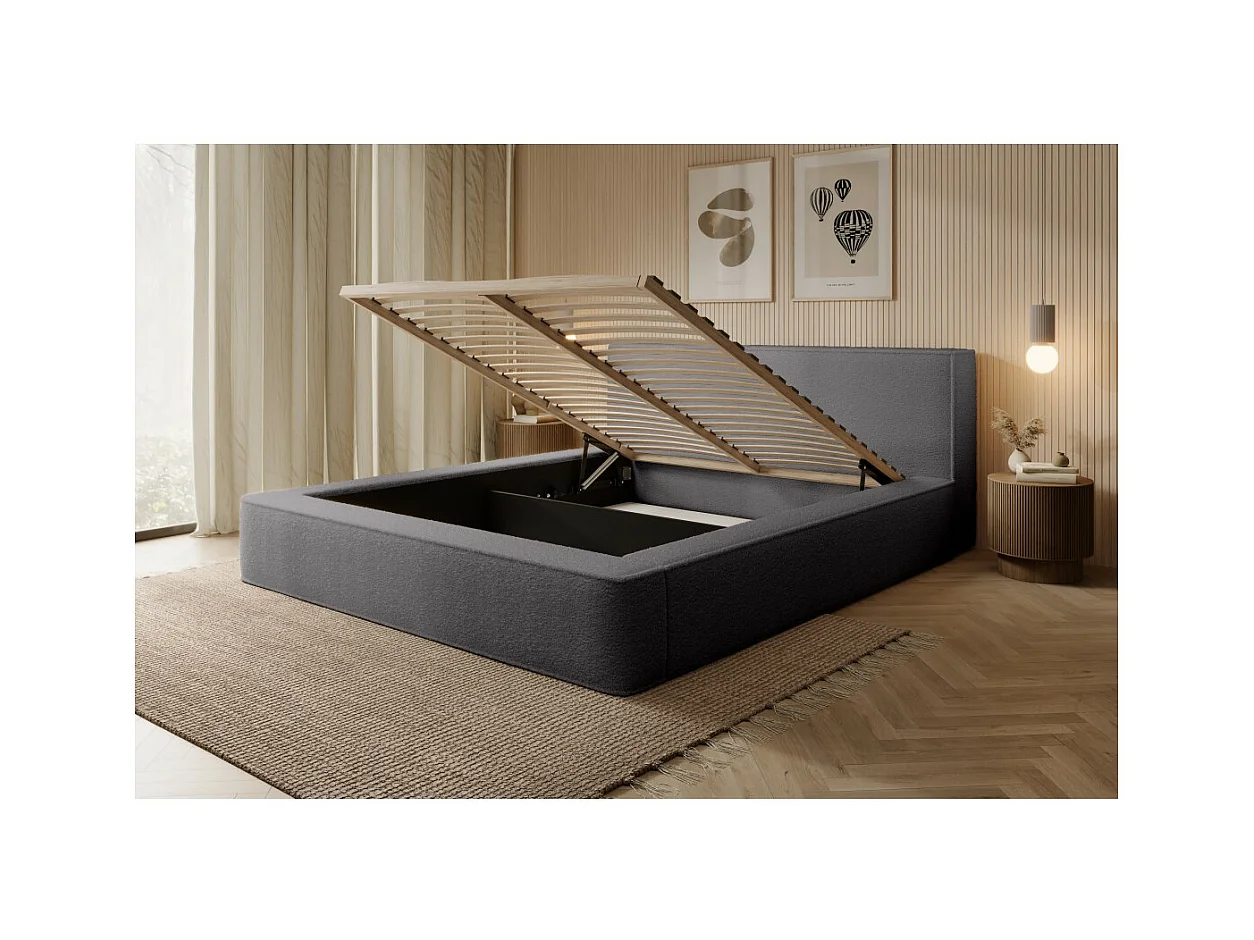 Lit coffre DENALI – Gris ceniza bucleado – 160x200 cm – Tela terciopelo suave – Somier elevable – Almacenamiento integrado