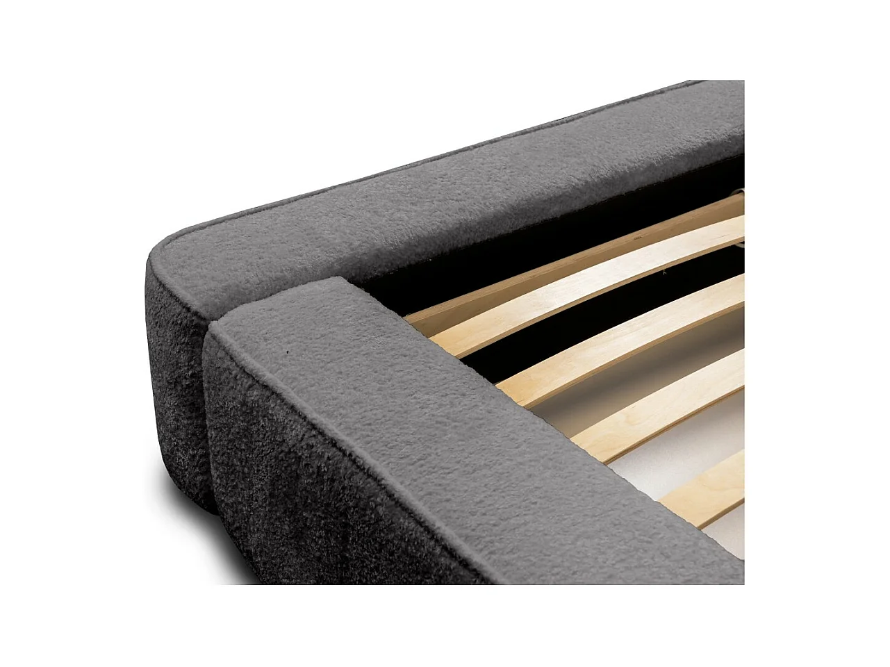 Lit coffre DENALI – Gris ceniza bucleado – 160x200 cm – Tela terciopelo suave – Somier elevable – Almacenamiento integrado