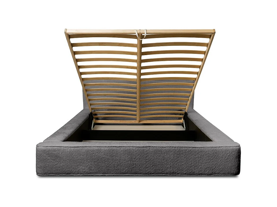 Lit coffre DENALI – Gris ceniza bucleado – 160x200 cm – Tela terciopelo suave – Somier elevable – Almacenamiento integrado