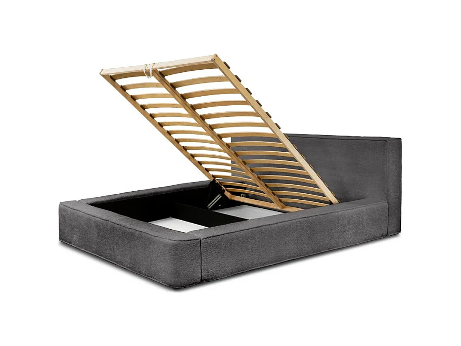 Lit coffre DENALI – Gris ceniza bucleado – 160x200 cm – Tela terciopelo suave – Somier elevable – Almacenamiento integrado