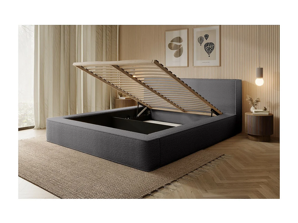 Lit coffre DENALI – Gris ceniza bucleado – 160x200 cm – Tela terciopelo suave – Somier elevable – Almacenamiento integrado