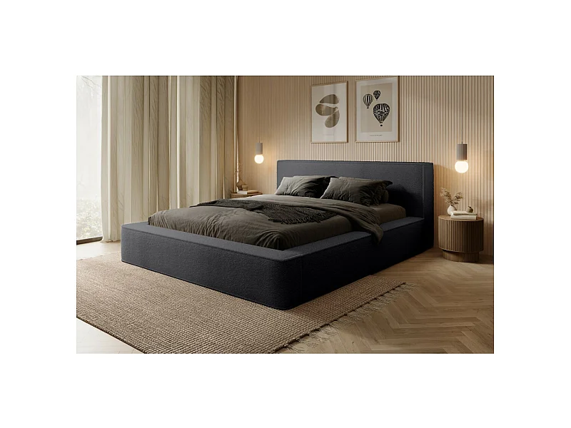 Lit coffre VELORA – Anthracite profond bouclé – 180x200 cm – Tissu velours doux – Sommier relevable – Rangement intégré