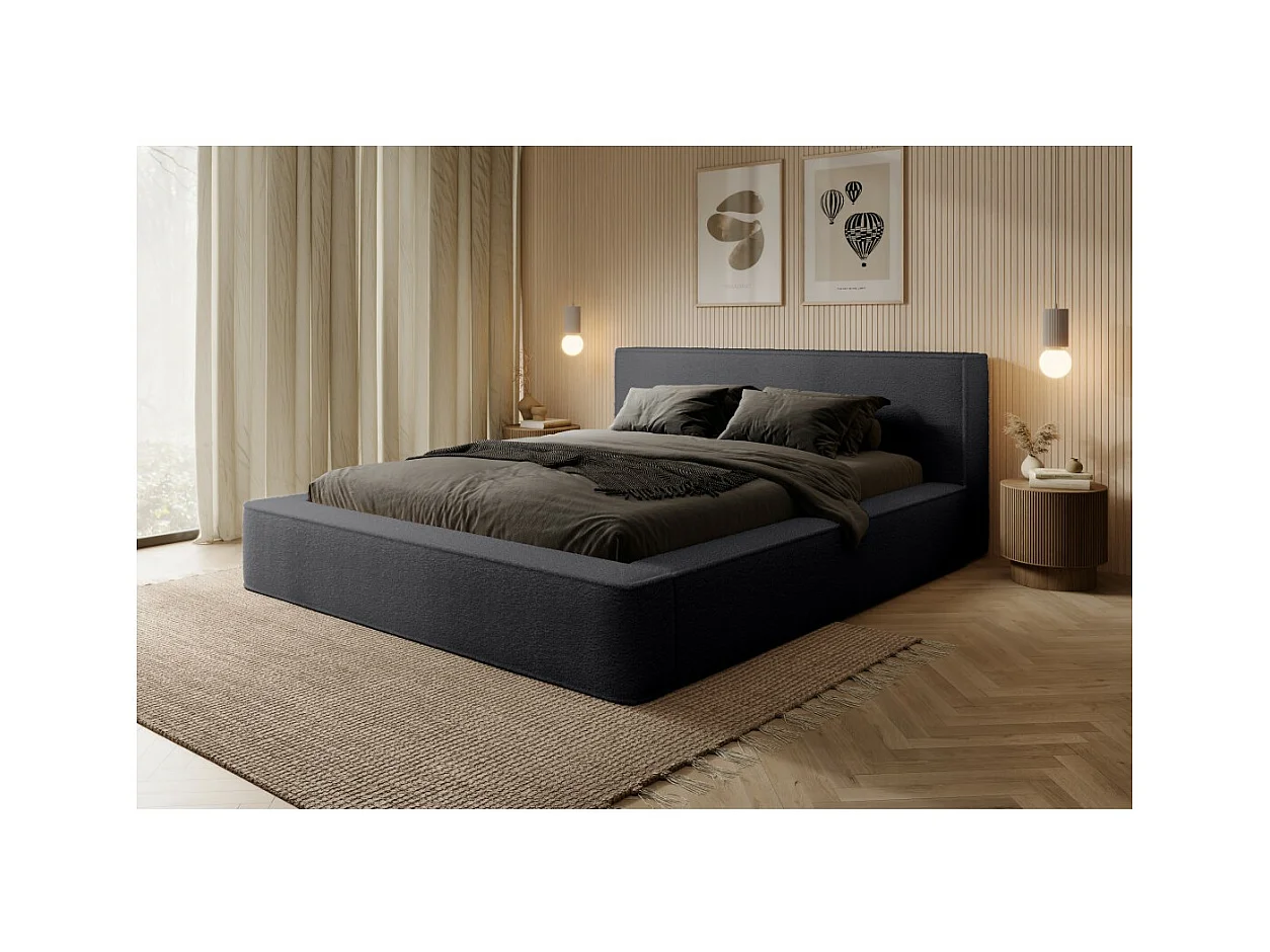 Lit coffre DENALI – Antracite profundo bouclé – 180x200 cm – Tecido de veludo macio – Estrado elevatório – Armazenamento integrado