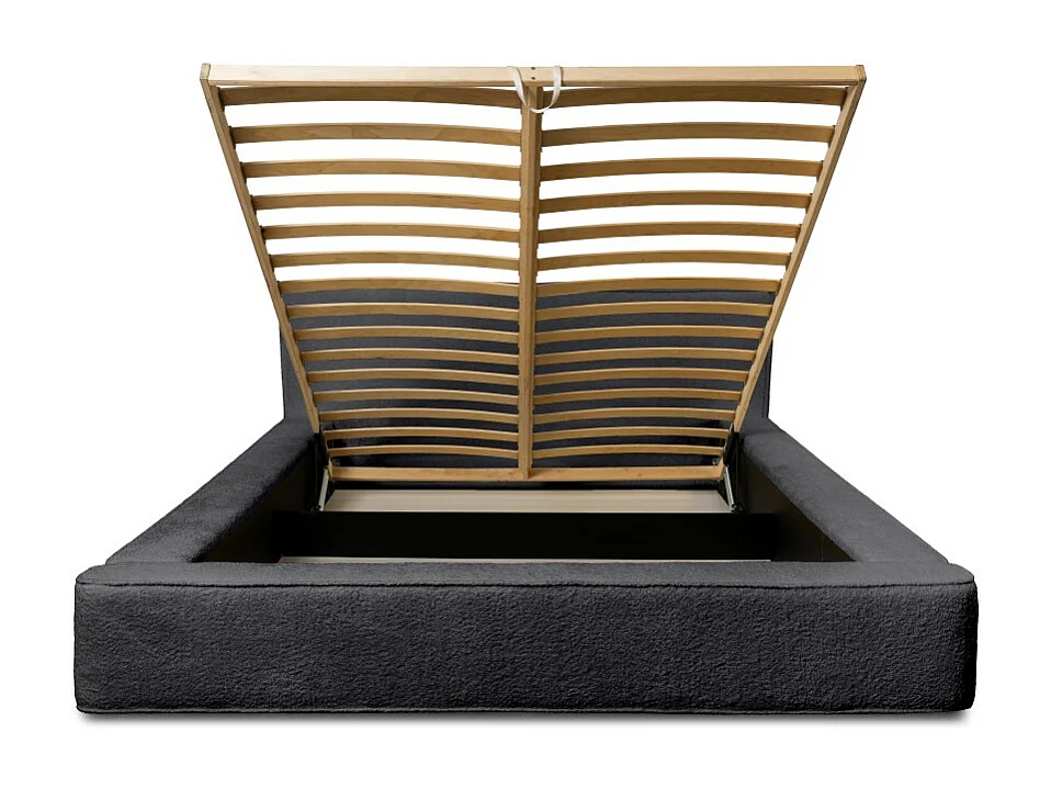 Lit coffre DENALI – Antracite profundo bouclé – 180x200 cm – Tecido de veludo macio – Estrado elevatório – Armazenamento integrado