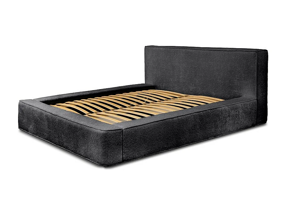 Lit coffre DENALI – Antracite profundo bouclé – 180x200 cm – Tecido de veludo macio – Estrado elevatório – Armazenamento integrado