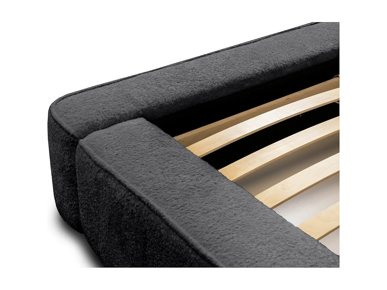 Lit coffre DENALI – Antracite profundo bouclé – 180x200 cm – Tecido de veludo macio – Estrado elevatório – Armazenamento integrado