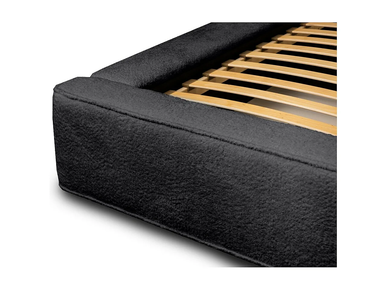 Lit coffre DENALI – Antracite profundo bouclé – 180x200 cm – Tecido de veludo macio – Estrado elevatório – Armazenamento integrado